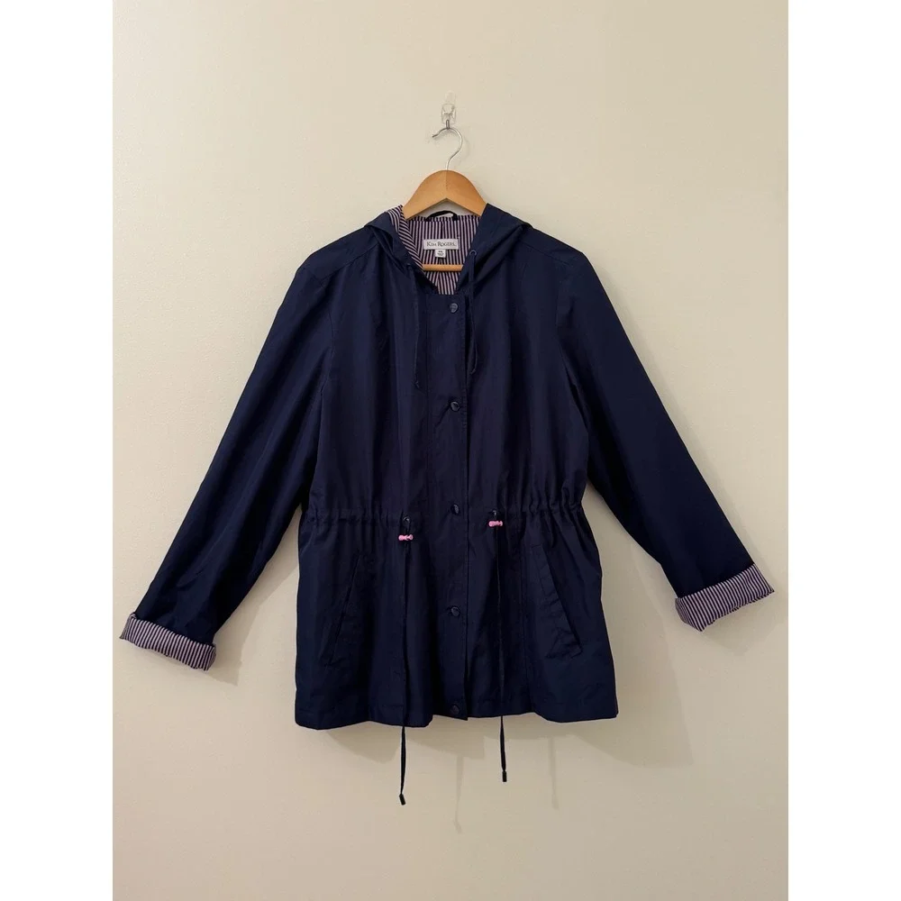 Kim Rogers Women's Navy Hooded Rain Jacket Pink Stripe Lined Drawstring XXL Coat